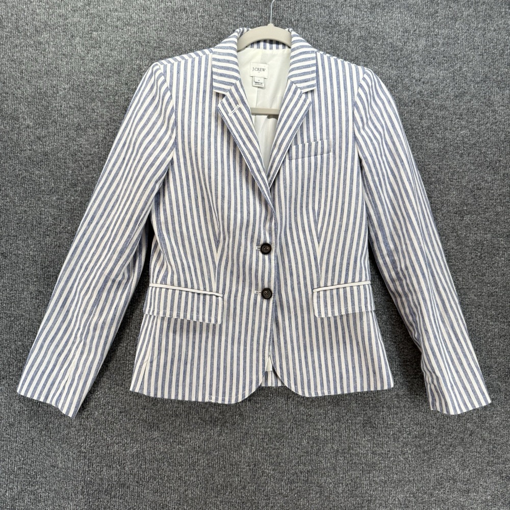 J Crew Blazer Jacket Womens 2 Blue Stripe Linen Button Up Old Money Quiet Luxury